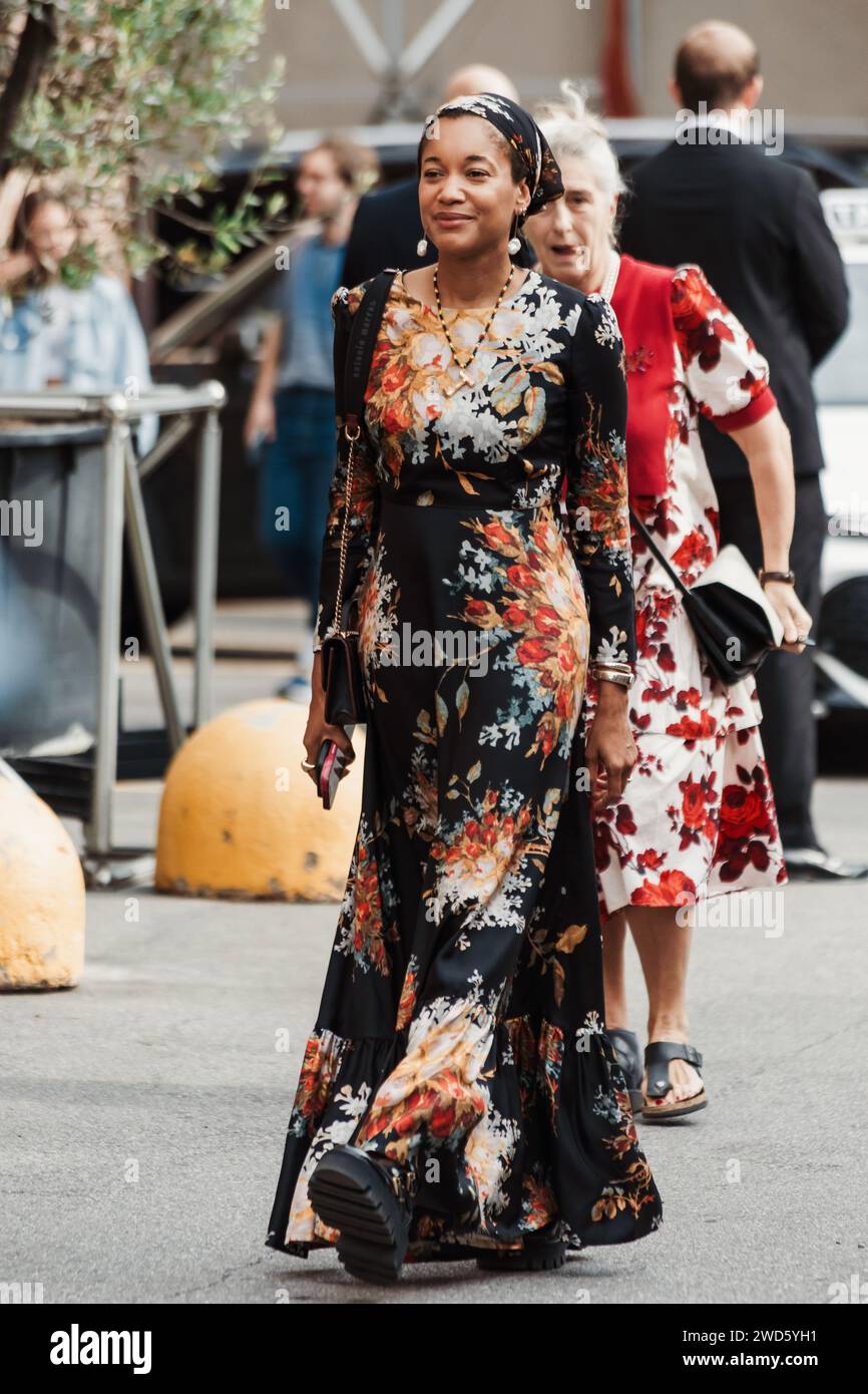 Tamu Mcpherson wears all Antonio Marras, outside Antonio Marras show during Milan Fashion Week Womenswear Spring/Summer 2024. Stock Photo