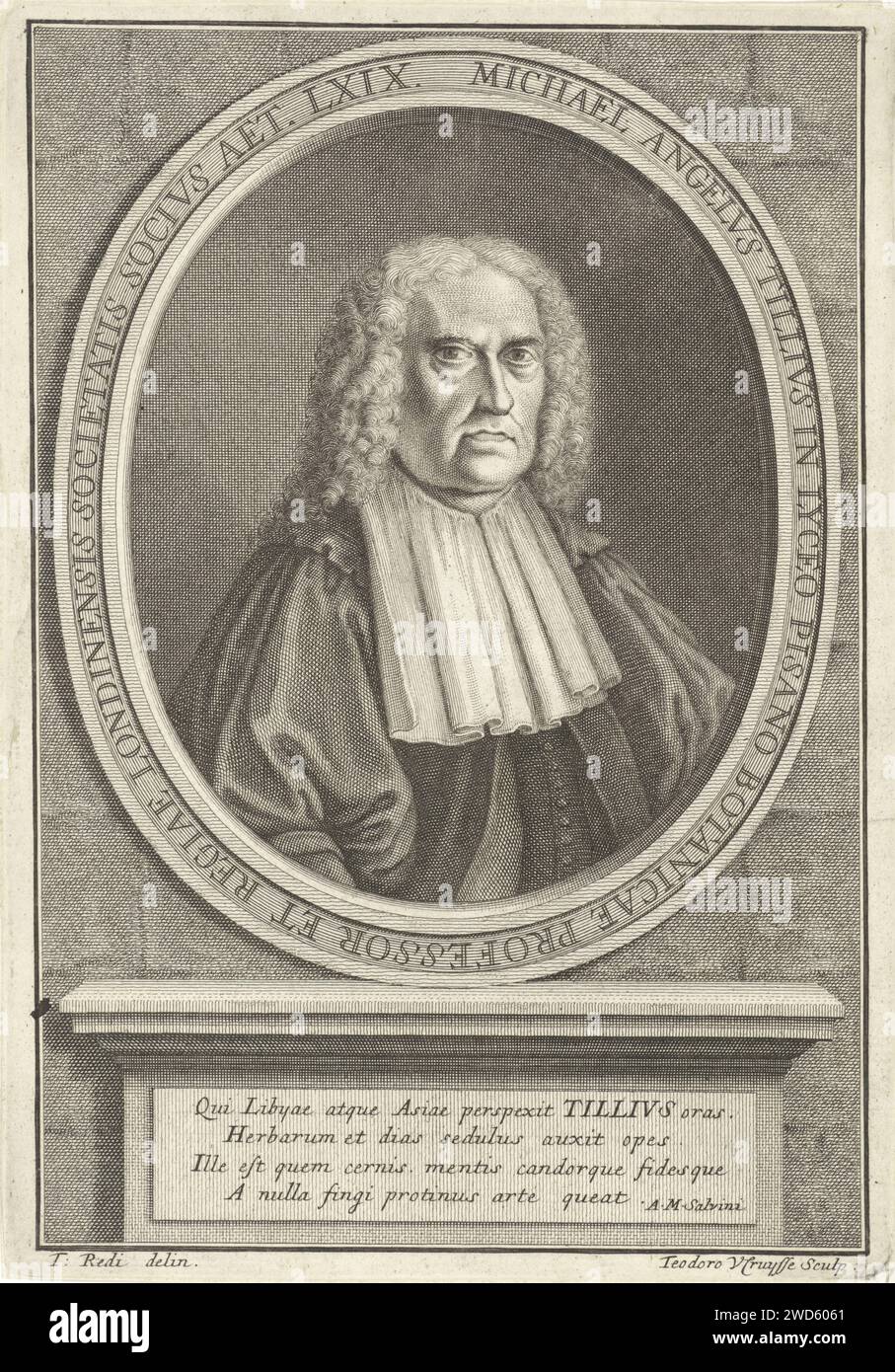 Portrait of Michael Angelus Tillius, Theodor Verruys, After Tommaso Redi, 1690 - 1739 print Portrait of Michael Angelus Tillius, botanist and professor in Pisa and London, at the age of 69. Italy paper etching / engraving Stock Photo