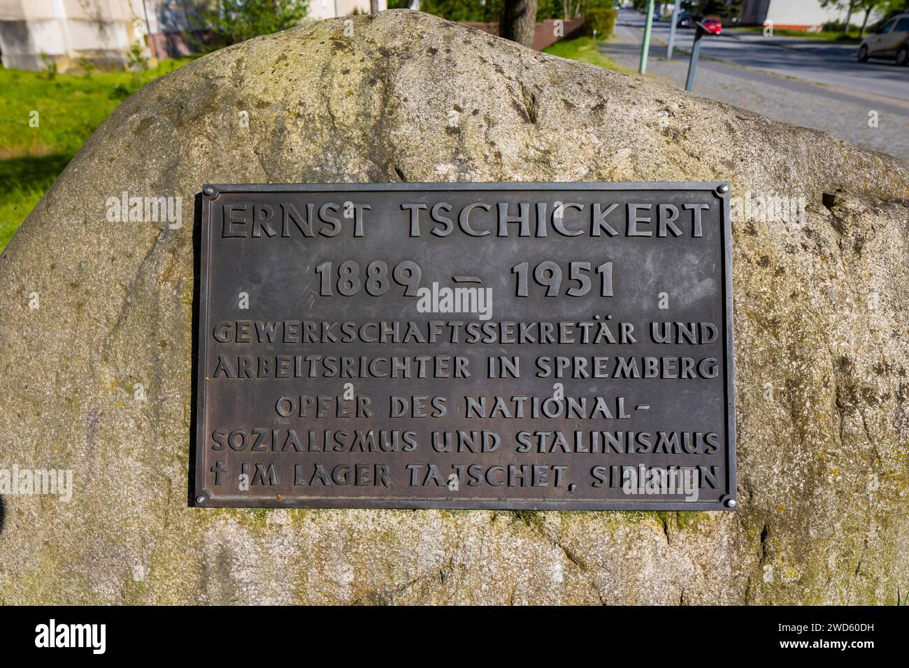 The plaque commemorates the Spremberg trade union secretary and labour judge Ernst Tschickert, who became a victim of National Socialism and Stock Photo