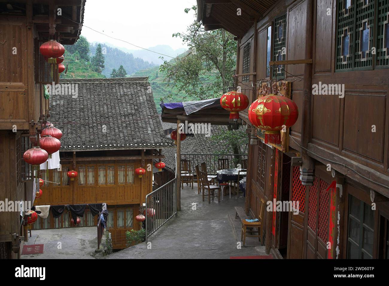 龙胜镇 (龙胜县) 中國 Longsheng, Dazhai Longji Ping'an Zhuang, China; restaurant in chinese village; Restaurant im chinesischen Dorf Stock Photo