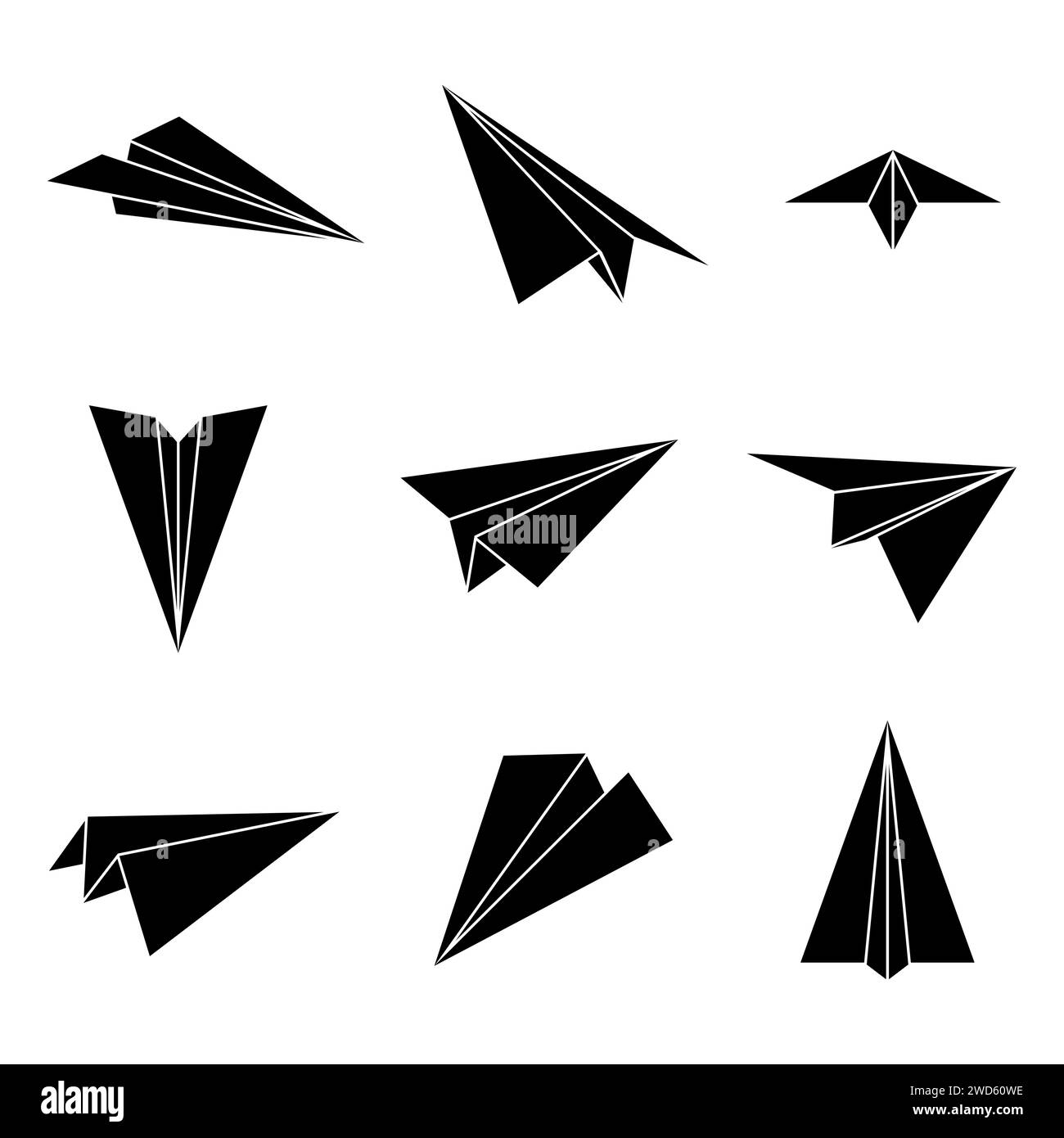 Set simple paper planes black icon. White origami paper airplanes from different angles. Handmade aircraft on white background. Vector illustration. Stock Vector