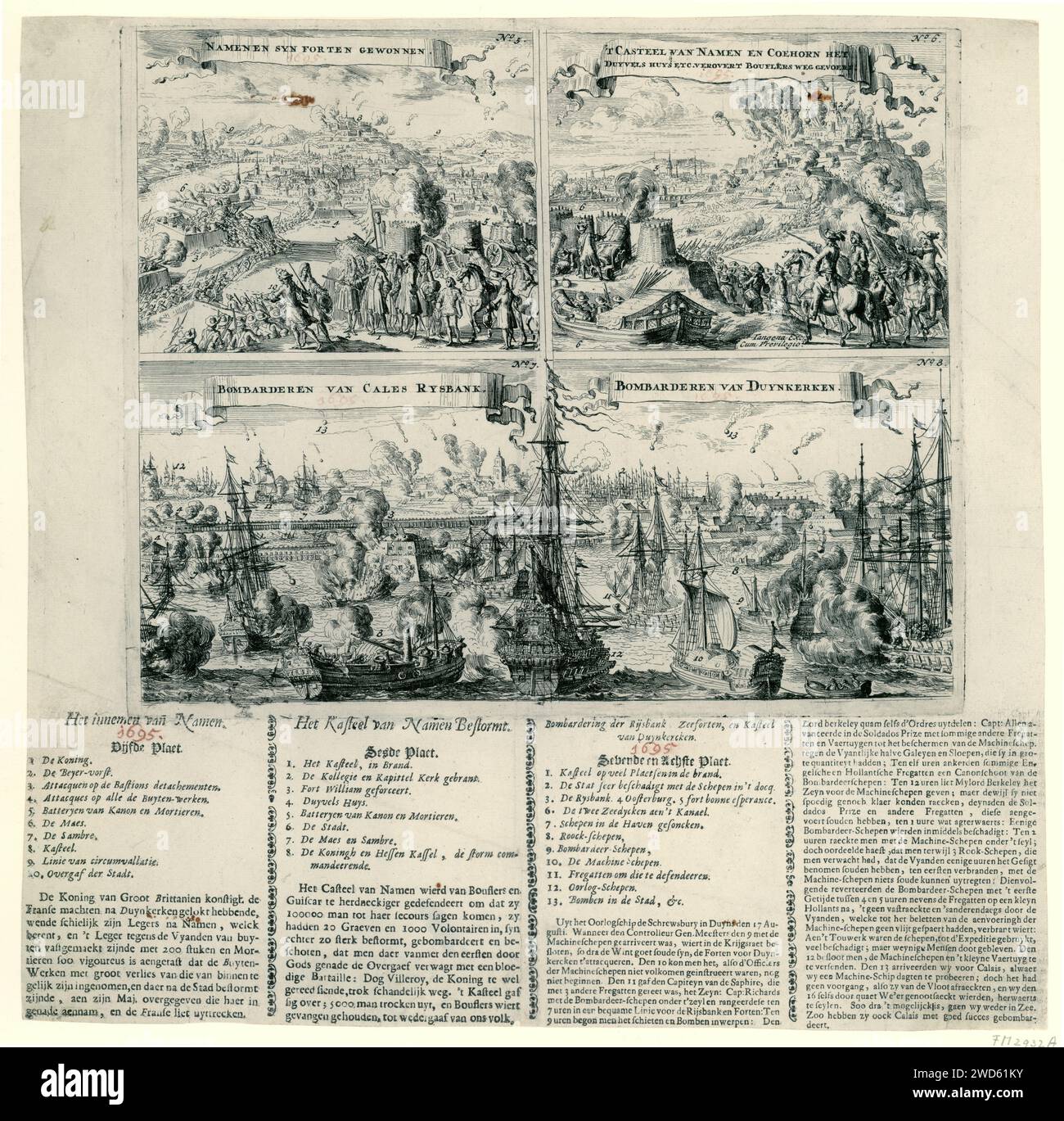 Leaf with four records of war scenes from 1695, Anonymous, 1695 print ...