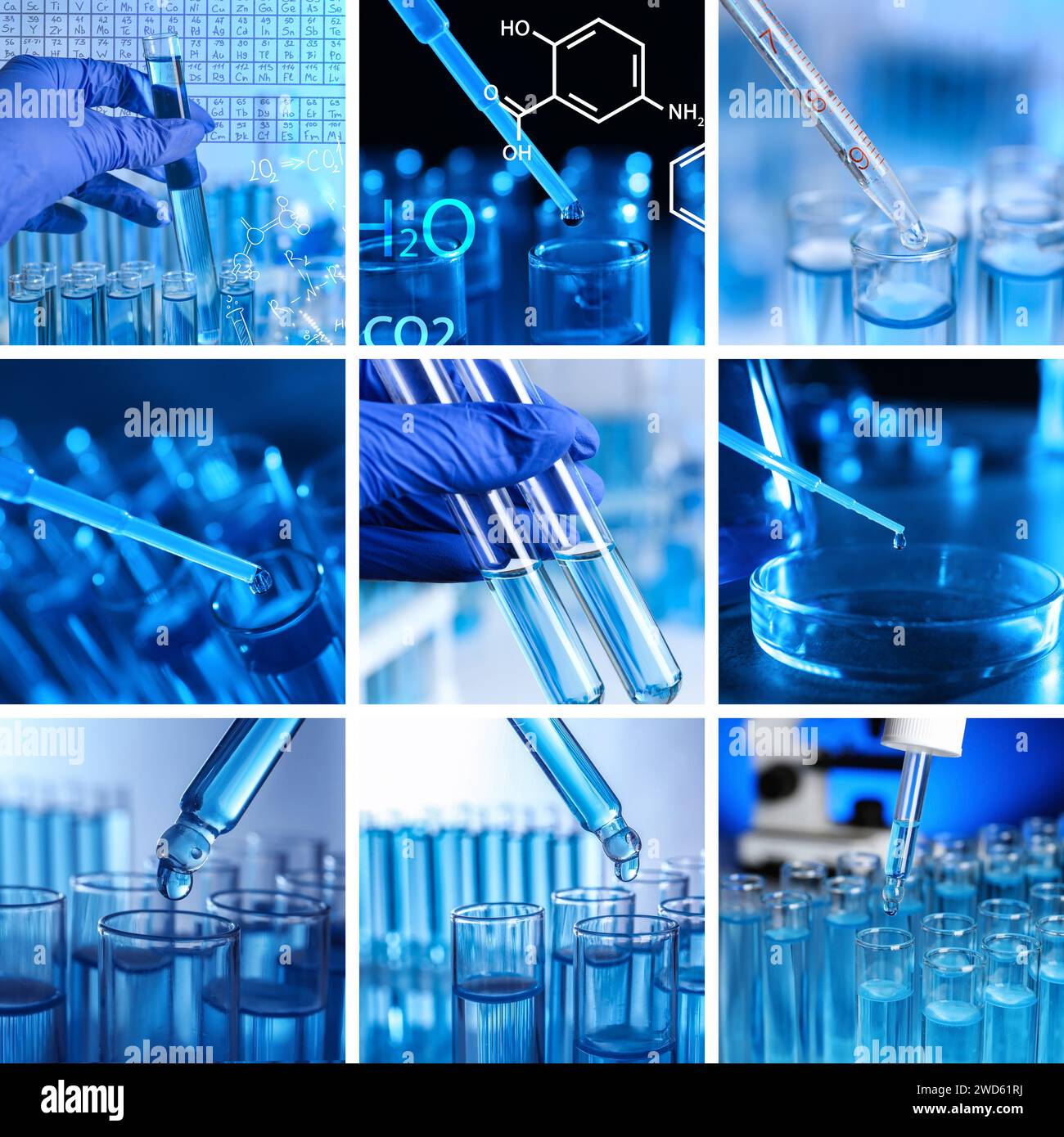 Laboratory glassware with samples and workers, collage Stock Photo Alamy