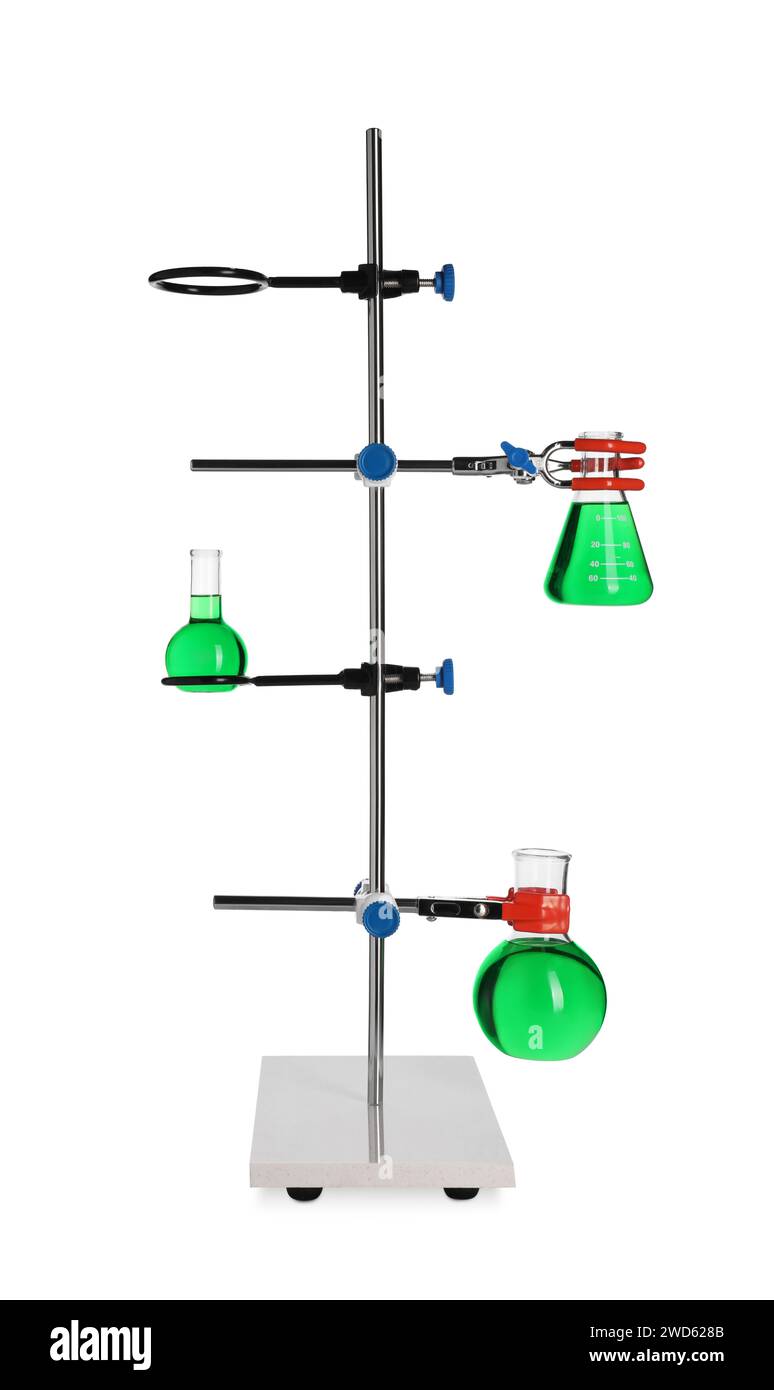 Retort stand with flasks of green liquid isolated on white Stock Photo
