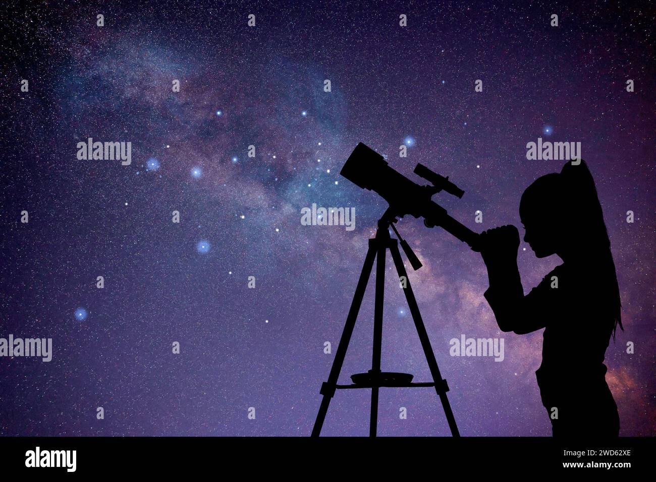 Astronomy. Little girl looking through telescope at starry night