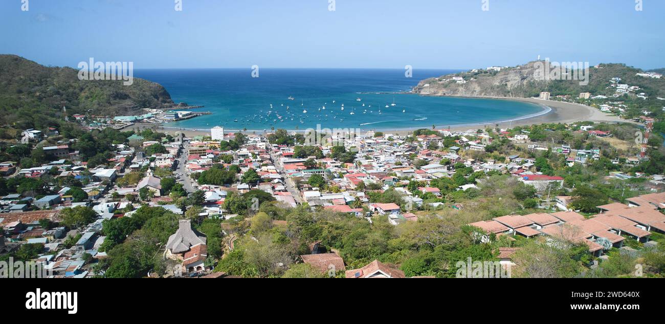 Panorama cityscape of San Juan del sur aerial drone view on sunny day Stock Photo