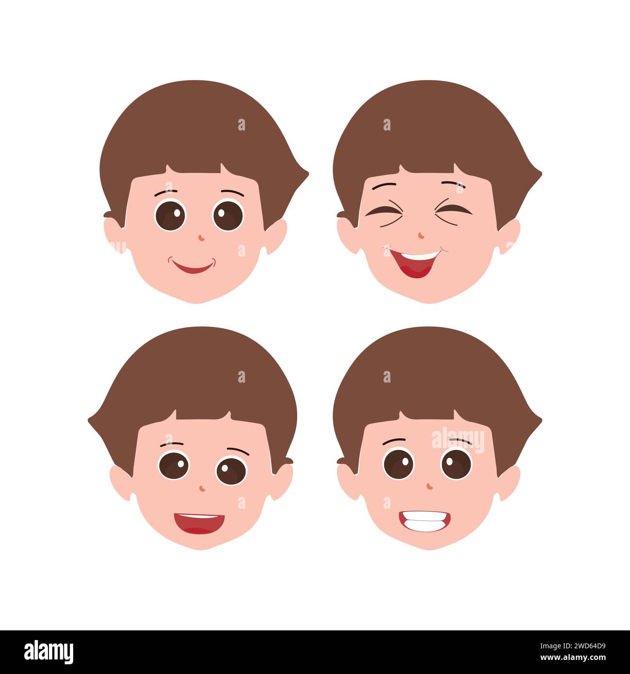 Cute little boy facial expressions. Vector of kid faces illustration with different emotions such as happy, smiling, laughing, winking, angry, confuse Stock Vector