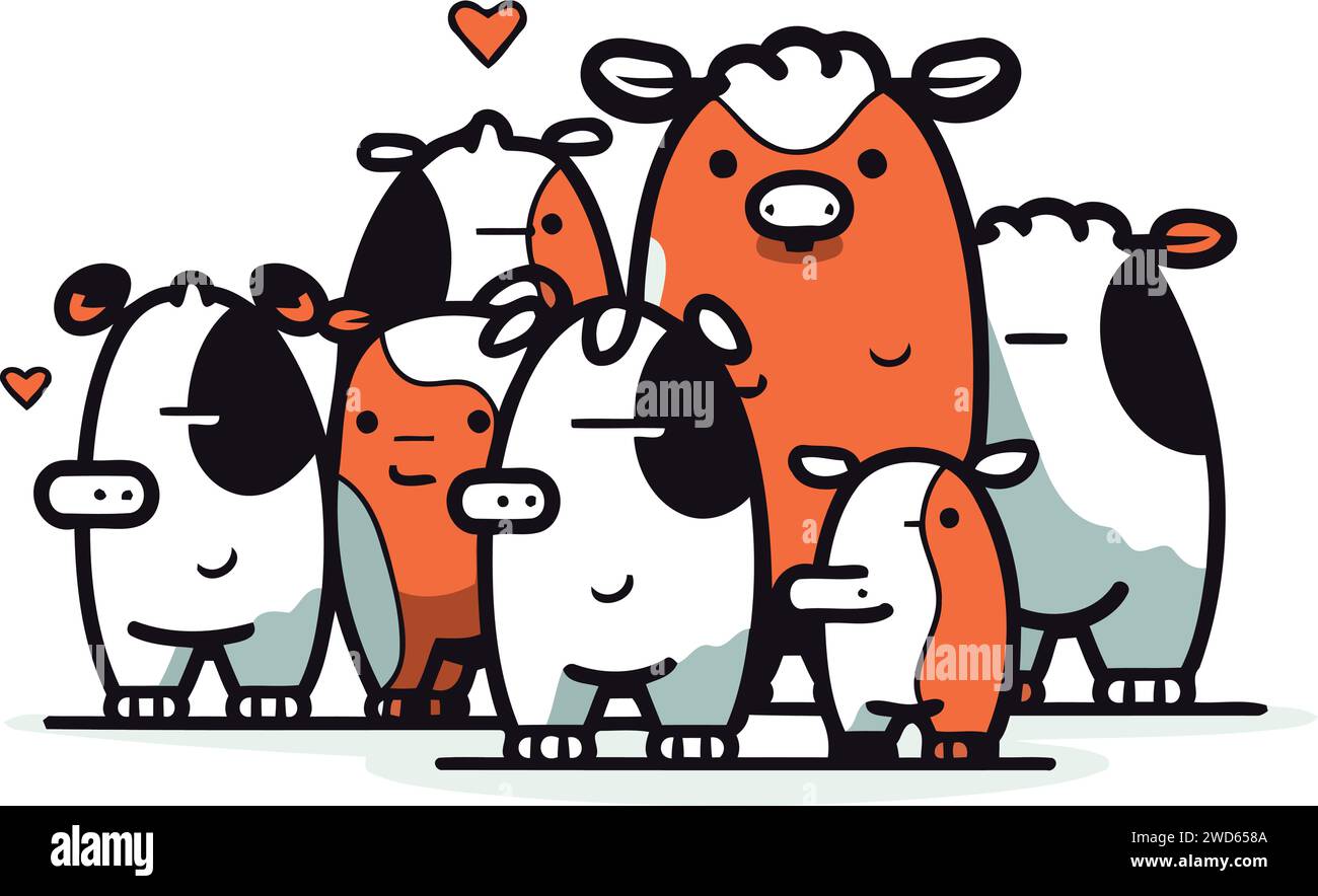 Cute hand drawn vector illustration of a group of funny cartoon animals in love. Stock Vector