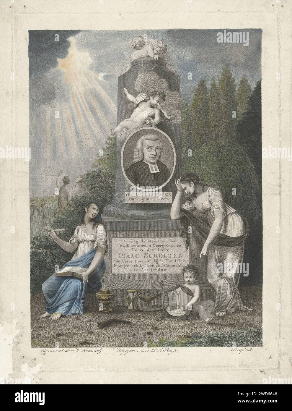Memorial for Isaac Scholten, Walraad Nieuwhoff, 1818 - 1820 print A memorial for Isaac Scholten, recovered Evangelisch-Luther's pastor in Amsterdam, who died in 1818. The portrait of Scholten has been applied to the column and the basis shows a plaque with a seven -line text in Dutch. The monument is flanked by faith with a book on her lap and in her hand a writing spring and by the grieving religion. A putto shows the image of a church interior. On the ground are the extinguished and broken torch and an hourglass as a sign of death. On the left in the background are two figures between Korens Stock Photo
