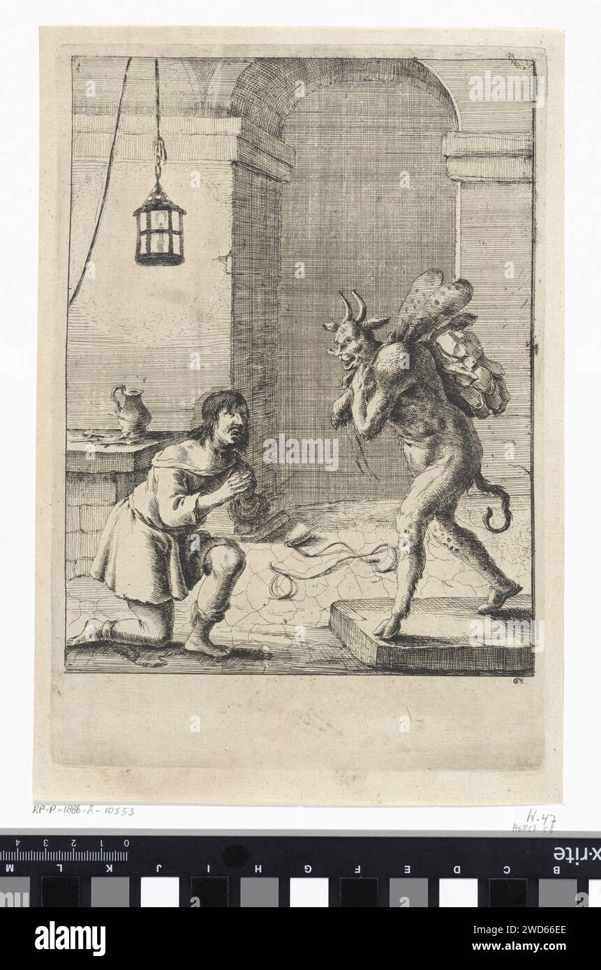 Fable of the Devil and the Criminal, Dirk Stoop, 1665 print The devil is called by a criminal who is in prison. The devil wears a bundle of old shoes on his back. Illustration of a fable from Aesopus. London paper etching fables. prisoner; in fetters. devil(s) and demons Stock Photo