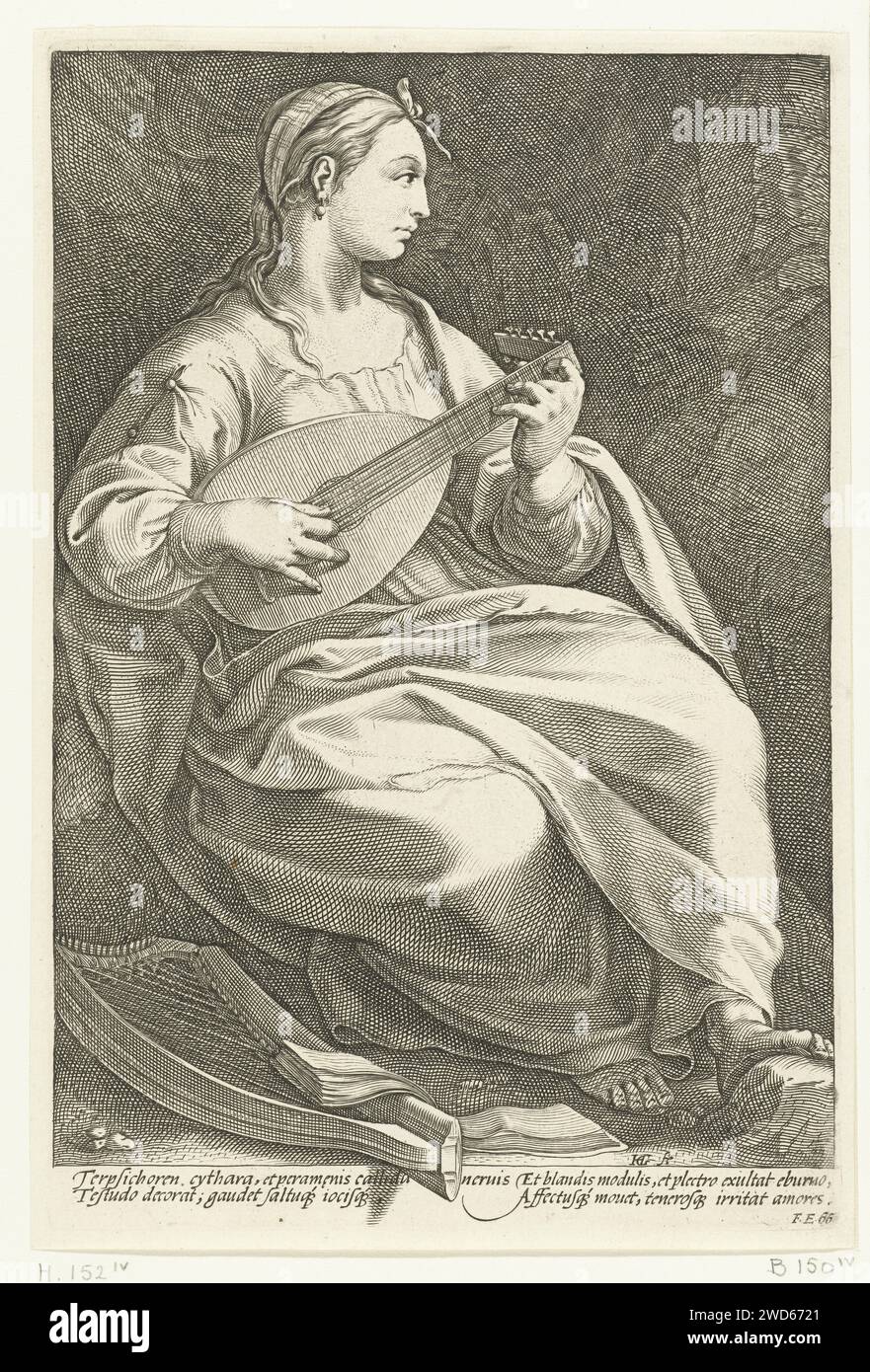 Terpsichore, Hendrick Goltzius, 1592 print A series of nine muses. Four lines of Latin from Franco Estius in margin under print. Haarlem paper engraving Terpsichore (one of the Muses); 'Terpsicore' (Ripa) Stock Photo