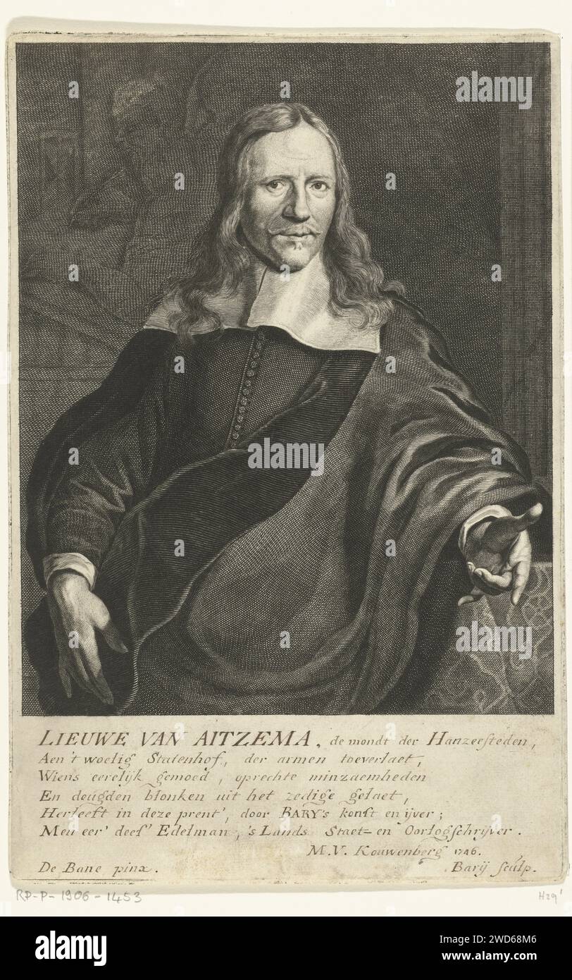 Portrait of Lieuwe van Aitzema, Hendrik Bary, after Jan de Baen, 1666