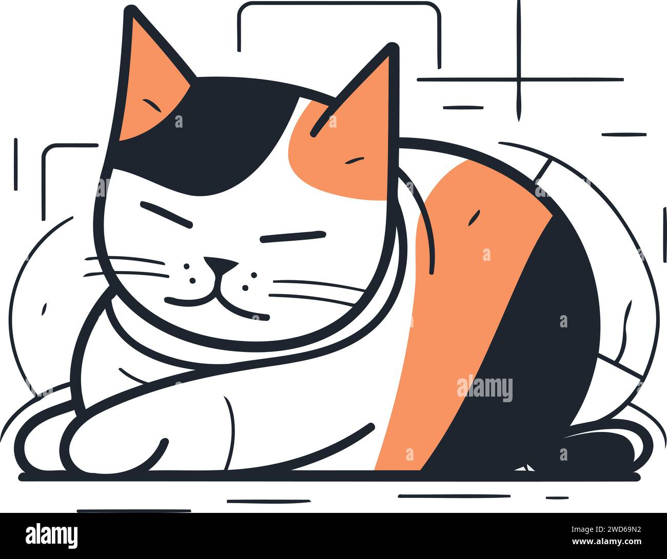 Cute cat sleeping on a pillow. Vector illustration in line style Stock