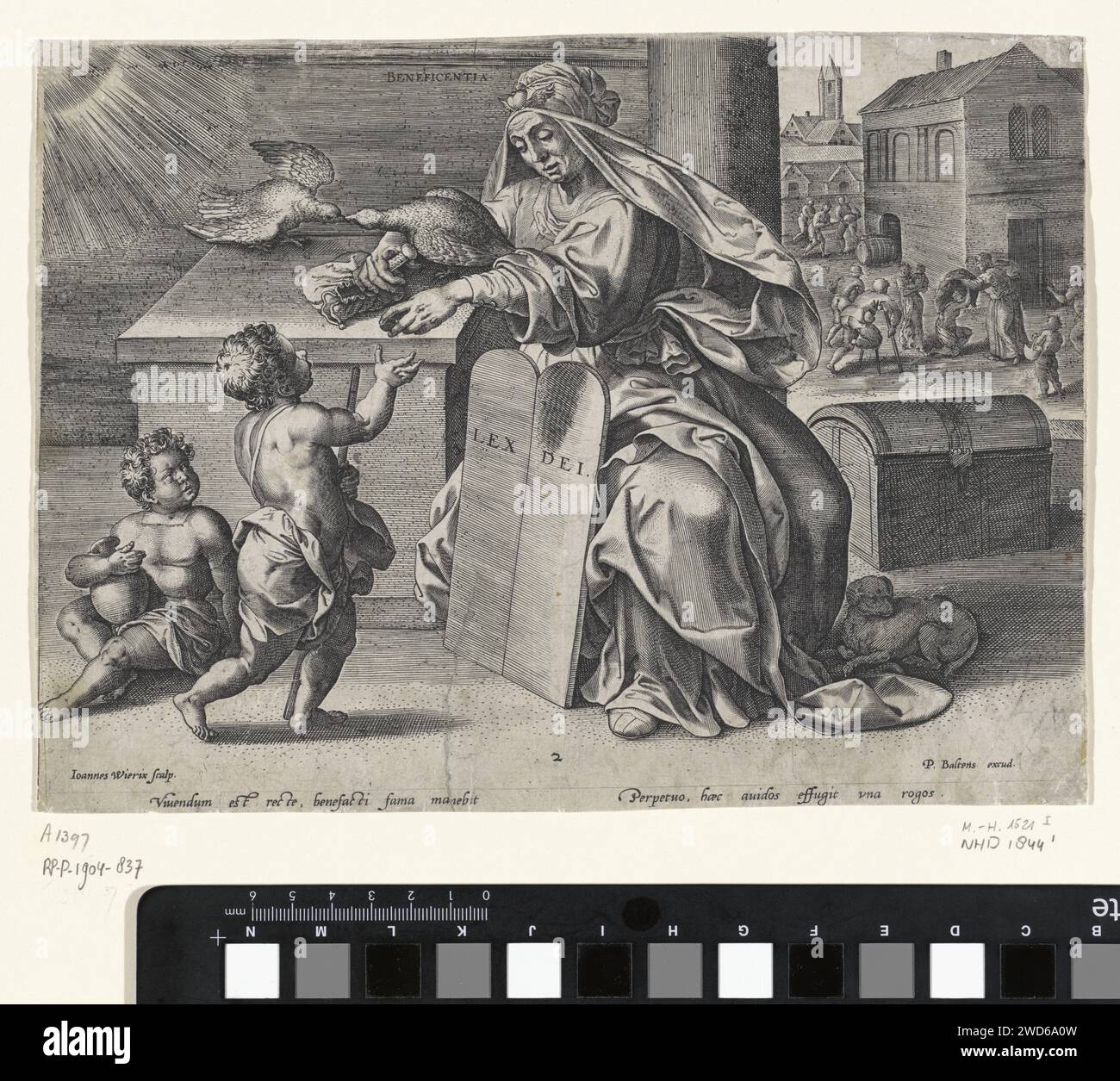 Allegory on Gewade, Johannes Wierix, After Ambrosius Francken (I), 1559 - Before 1580 print The female personification of grace (beneficentia) hands over money to two children. In her hand the opened stick fair. There is a dog on her feet. Against her legs are the dining of the law. In addition to her on an altar, a pelican feeds her young. Working on the right in the background of mercy. In the margin a caption in Latin. Antwerp paper engraving Benevolence, Beneficence; 'Beneficio', 'Benevolenza o Affettione' (Ripa). charitable works. symbols of Christ  animals Stock Photo