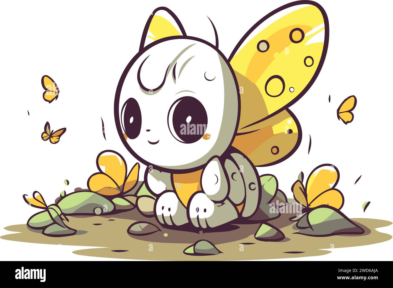 Cute little butterfly sitting on a rock. Vector cartoon illustration. Stock Vector