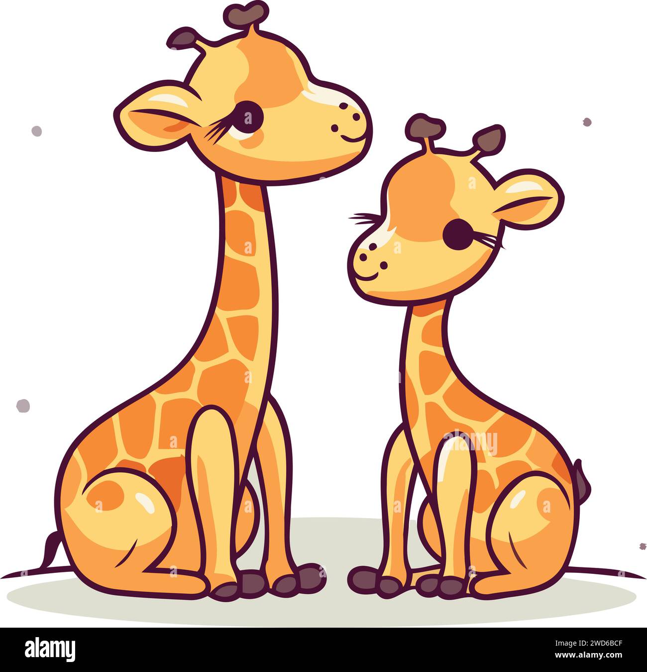 Two cute giraffes sitting on white background. Vector illustration
