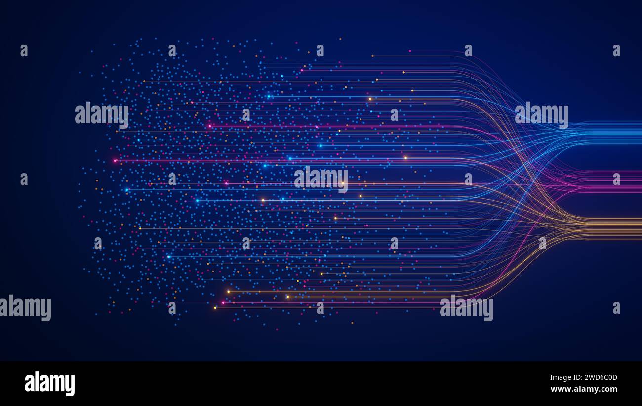 AI neural network analyzing big data. Machine learning and deep learning technology for artificial intelligence. Neurons connected to dataset. Data sc Stock Photo