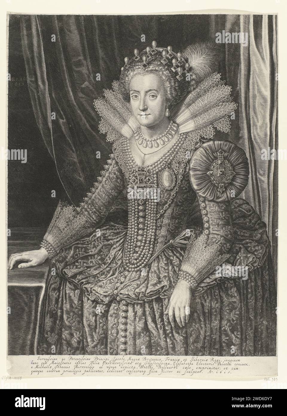 Portrait of Elisabeth Stuart, wife of Frederik V, Queen of Bohemen, Boëtius Adamsz. Bolswert, after Michiel Jansz van Mierevelt, 1615 print  Amsterdam paper engraving Stock Photo