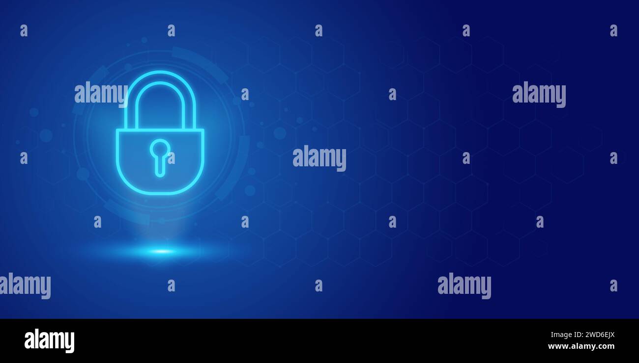 Futuristic blue shield ethics and Security abstract technology background. Artificial intelligence digital transformation and Business quantum interne Stock Photo