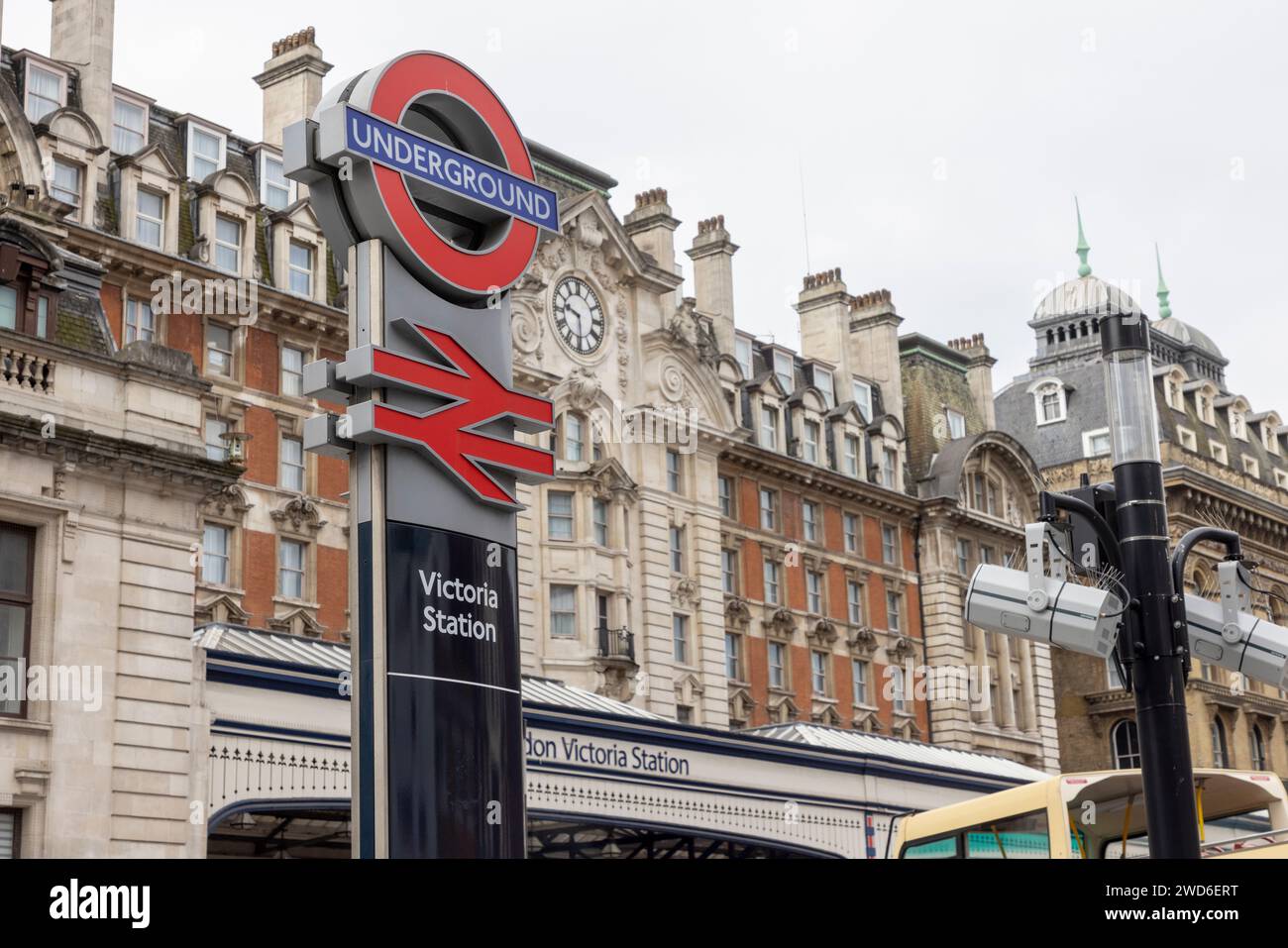 Underground and Railway signage in front of Victoria Railway Station in Central London, Stock Photo