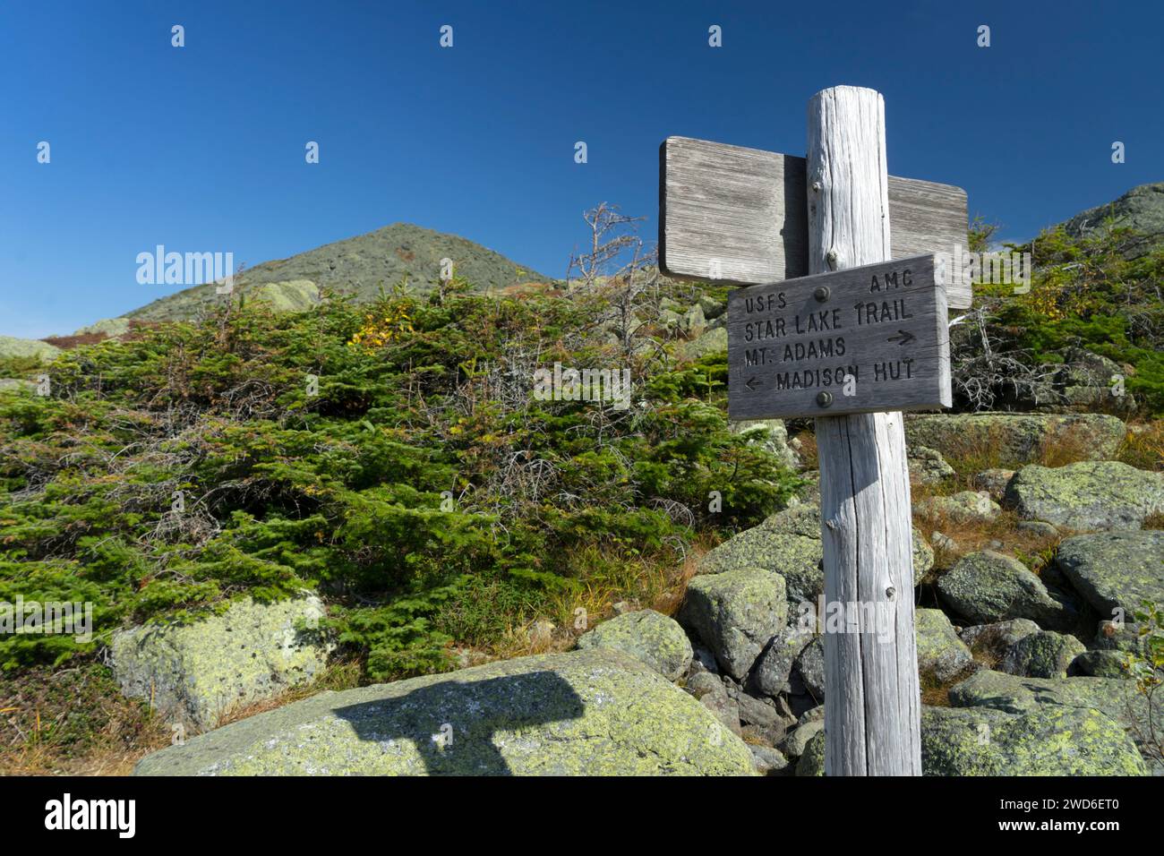 Weathered wooden trail sign on the Star Lake Trail, New Hampshire, USA. The summit of Mount Madison can be seen in the background. Stock Photo