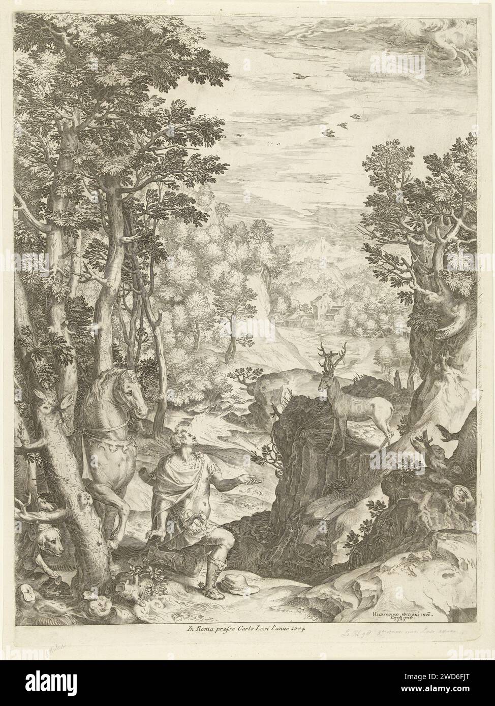 Deer Rome Landscape with the vision of Eustachius, Cornelis Cort, after Girolamo ...
