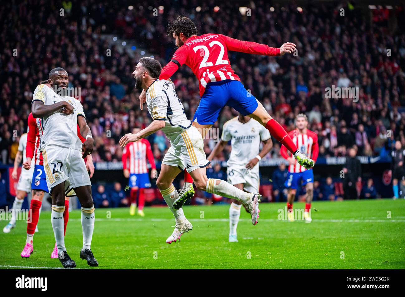 Madrid, Spain. 18th Jan, 2024. Mario Hermoso (R) of Atletico Madrid and Daniel Carvajal (L) of Real Madrid in action during the football match valid for the round of 16 of the Copa del Rey tournament between Atletico Madrid and Real Madrid played at Estadio Metropolitano. Atletico Madrid 4 : 2 Real Madrid Credit: SOPA Images Limited/Alamy Live News Stock Photo