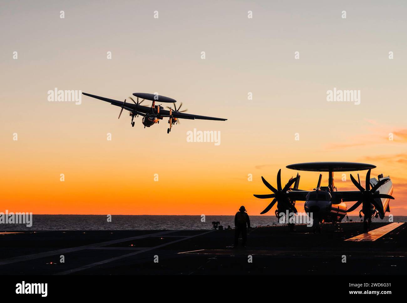 Atlantic Ocean. 14th Jan, 2024. An E-2D Hawkeye attached to Airborne Command and Control Squadron (VAW-120) takes off from Nimitz-class aircraft carrier USS George Washington (CVN 73) after performing a touch and go, January. 14, 2024. George Washington is underway in support of carrier qualifications. (Credit Image: © U.S. Navy/ZUMA Press Wire) EDITORIAL USAGE ONLY! Not for Commercial USAGE! Stock Photo