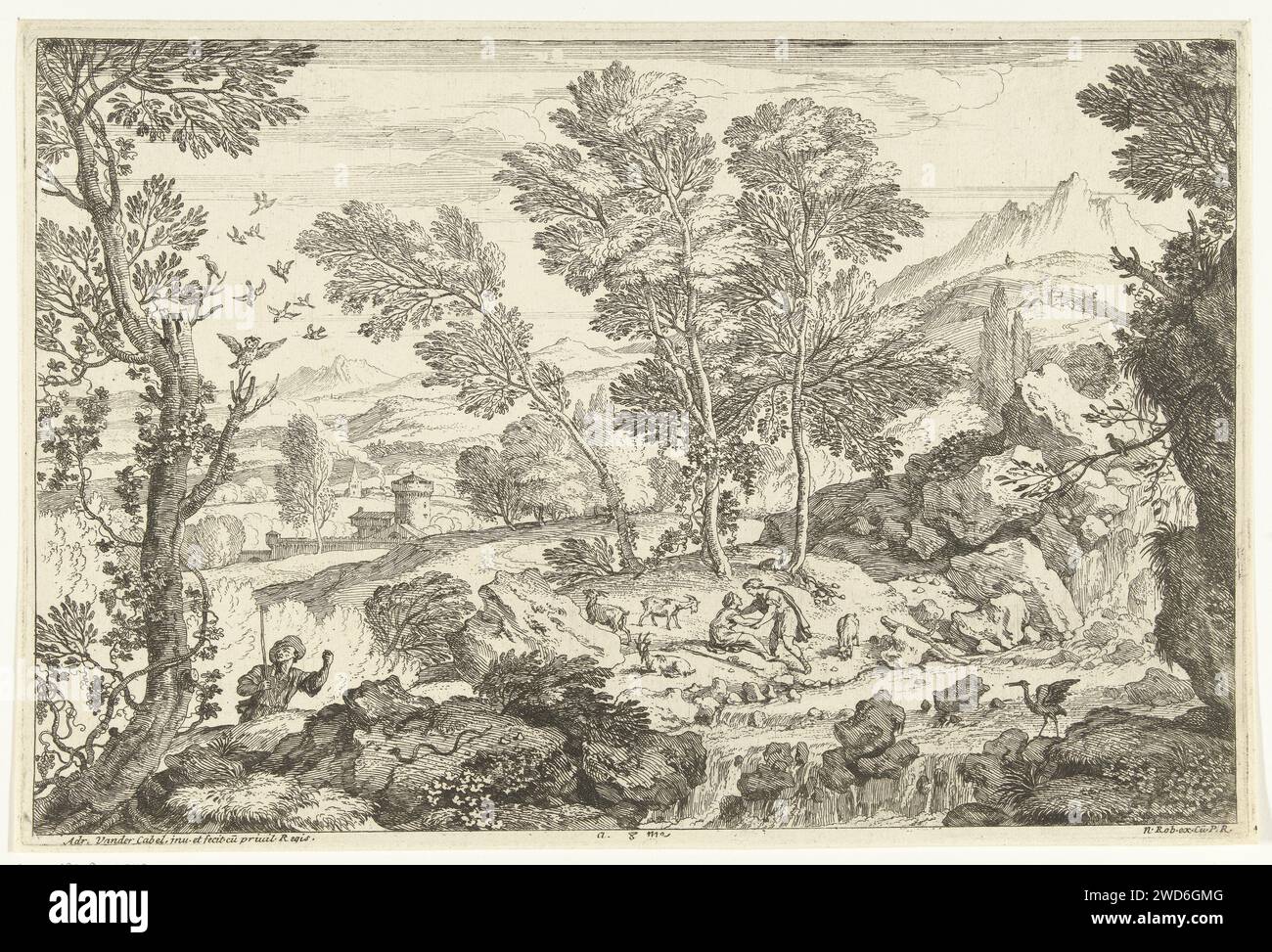 Landscape with waterfall and various animals, Adriaen van der Kabel, 1648 - 1705 print Landscape with in the foreground, on the left, a man with a stick looking up to a tree in which an owl. On the rock for him a snake and a running bird with spread wings at the waterfall. On the other side of the river two people between a few goats. In the background a mountain landscape with different villages. France (possibly) paper etching landscapes. owls Stock Photo