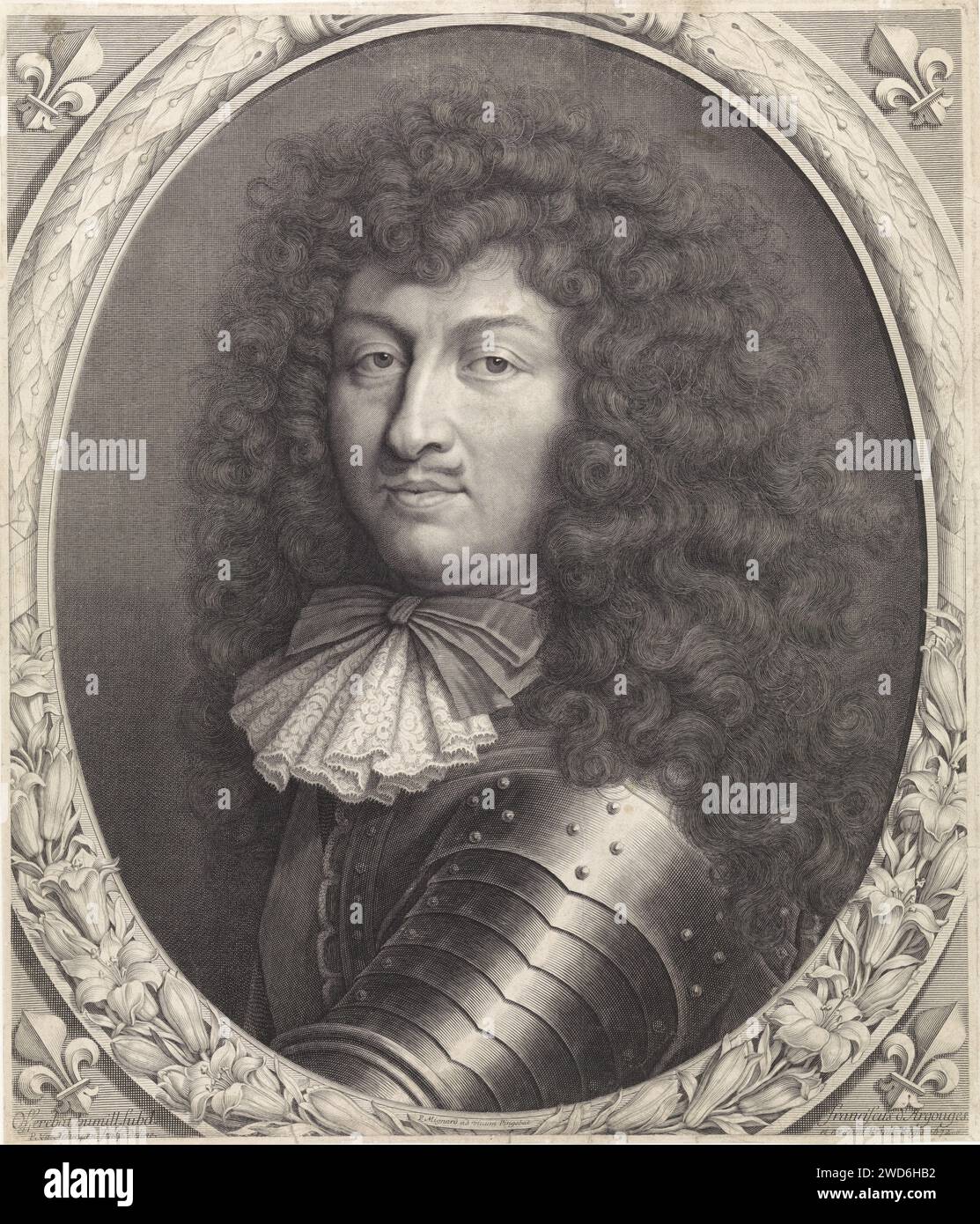 Portrait of Louis XIV, King of France, with a bow in an oval frame with lilies, Pieter van Schuppen, After P. Mignard, 1672 print  Paris paper engraving Stock Photo