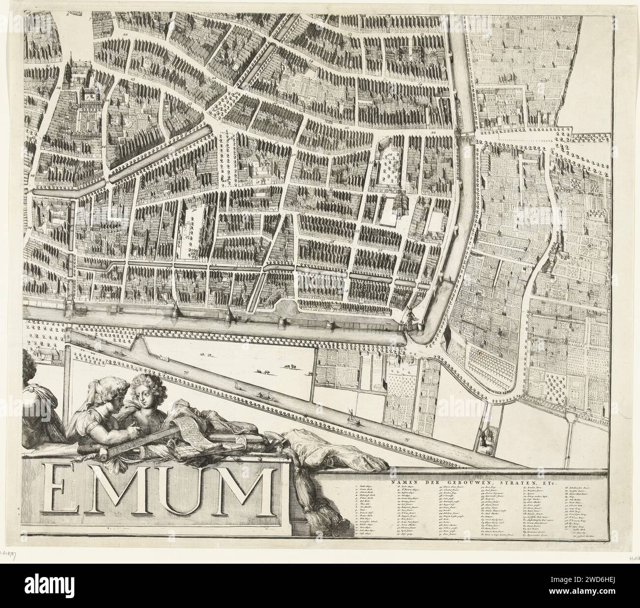 Part of the map of Haarlem, Romeyn de Hooghe, 1688 - 1689 print One of the four magazines that together represent the map of Haarlem. At the bottom left part of text (Harl) EMUM and two putti with rolls with fabric. At the bottom right a numbered list of names of buildings and streets that correspond with figures on the map. Haarlem paper etching maps of cities Haarlem Stock Photo