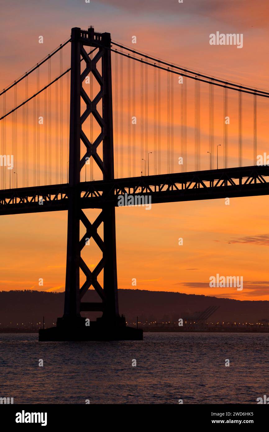 San Franciso-Oakland Bay Bridge sunrise from Pier 14, Embarcadero, San Francisco, California Stock Photo