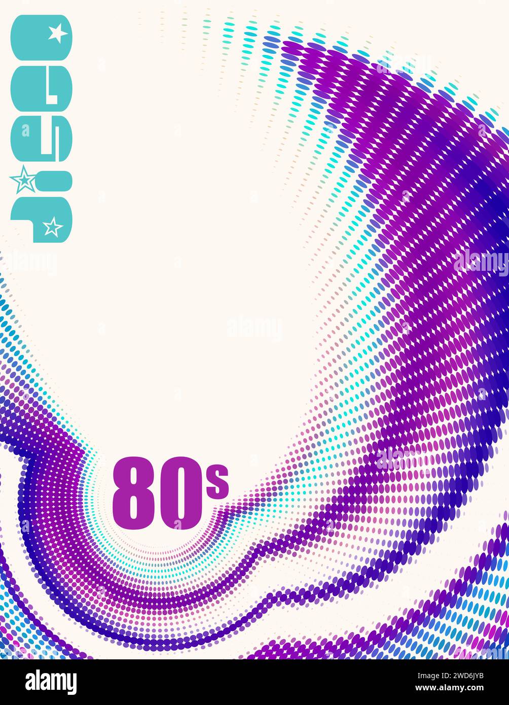 Halftone background with radial dotted swirl for 80s disco party. Vertical vector graphic pattern Stock Vector
