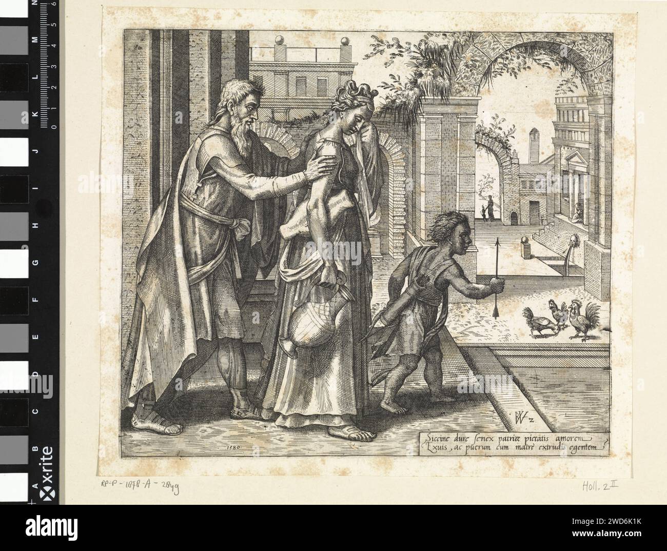 Swap of Hagar and Ismaël, Willem Thibaut, 1580 print Abraham sends Hagar and Ismaël away, after he has given them a jug of water and a bread. In the background they leave the gate. To the Bible text in Gen. 21: 14. At the bottom right a two -line explanation in Latin. Haarlem paper etching / engraving Hagar and Ishmael (often with bow and arrow) depart Stock Photo