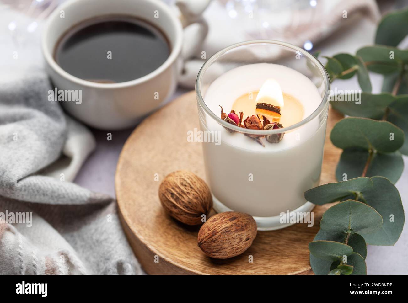 Aromatic candle on the table. Soy candles in a jar. Aromatherapy and ...