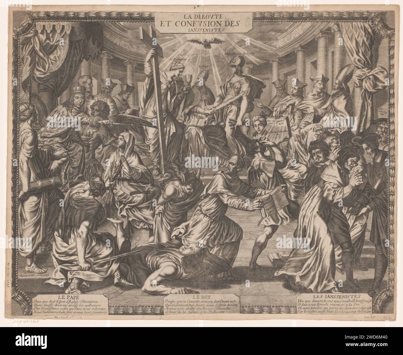 Adocht der Jansenisten, Anonymous, Jean Ganière, c. 1625 - 1666 print The pope in the middle of the top is flanked by the allegorical figures religion and ecclesiastical power. The Holy Spirit flies above him. On the left the king sits on a throne with next to him the Divine zeal, the Eendracht, the righteousness and piety. The king banishes the allegorical figures ignorance, misunderstanding and deception with Jansenism in the middle with 'the Augustine' in his hands, preceded by Jansenists. France paper engraving pope. king. suspension, expulsion (from a society) Stock Photo