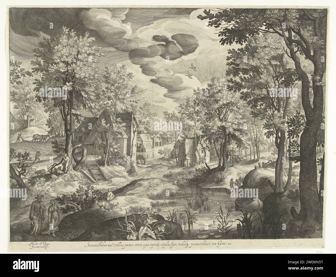 Landscape with Hagar and Ismaël, Nicolaes de Bruyn, 1581 - 1656 print Landscape with Hagar and Ismaël on their way with Waterbuik and Bread after they have been driven out by Abraham. In the margin under a quote from Bible text Gen 21 in Latin. Netherlands paper engraving Hagar and Ishmael (often with bow and arrow) depart. mountains Stock Photo