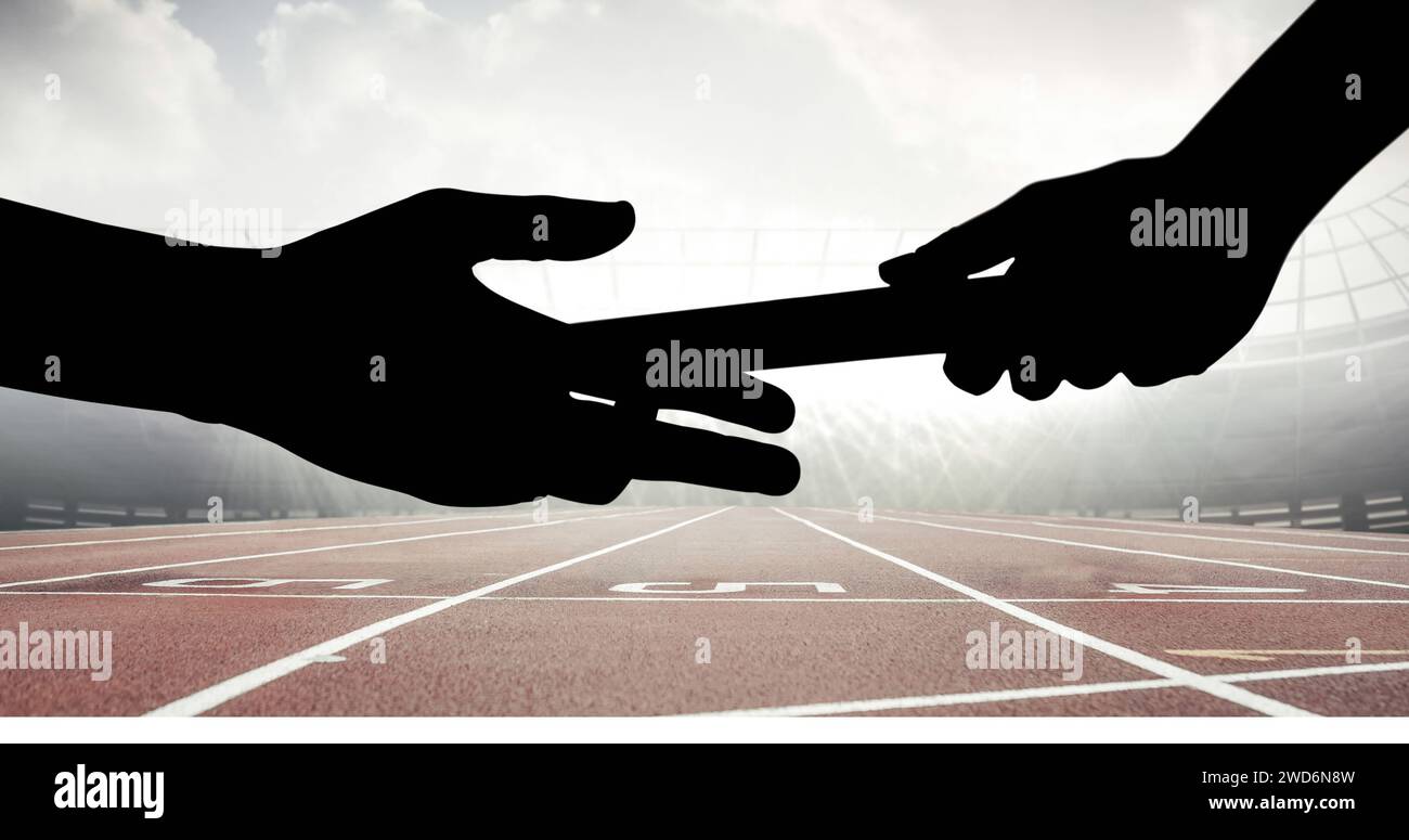 The image highlights the pivotal baton exchange in a relay race