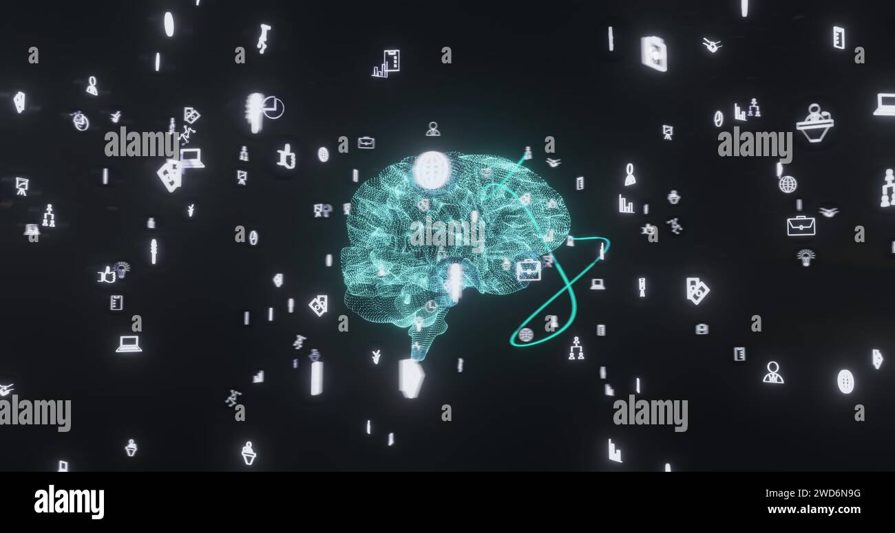 Image of glowing blue human brain and connections on black background ...