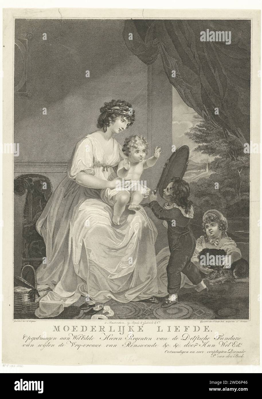 Mother with three children in Interieur, Pieter van der Beek, after Henry Singleton, 1800 - 1821 print  Amsterdam paper etching mother-love Stock Photo