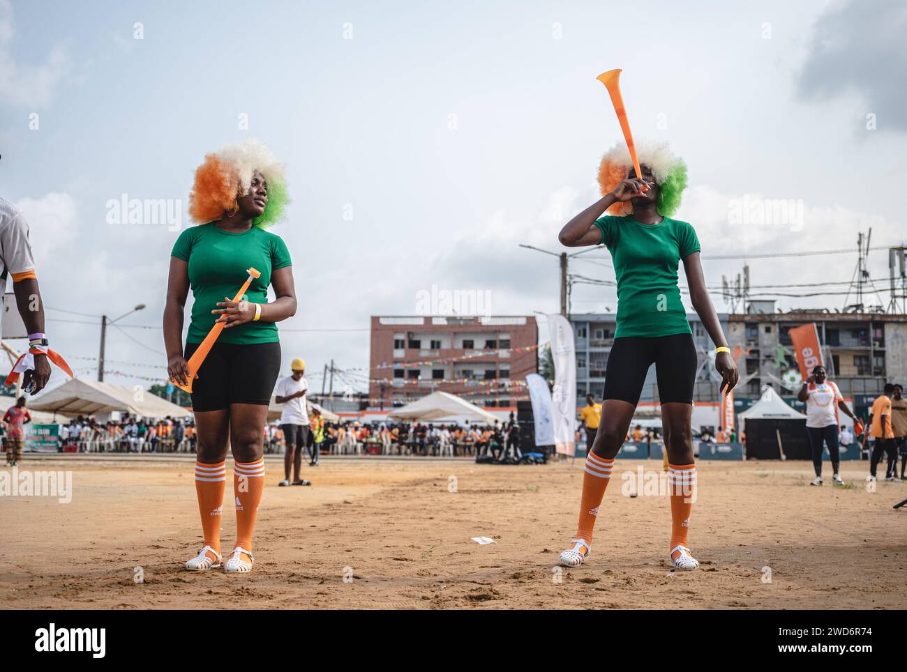 Abidjan, Cote d'Ivoire. 18th Jan, 2024. Fans cheer for the Africa Cup of Nations (AFCON) football match between Cote d'Ivoire and Nigeria at the Yopougon sports complex, Abidjan, Cote d'Ivoire, on Jan. 18, 2024. Credit: Wang Guansen/Xinhua/Alamy Live News Stock Photo