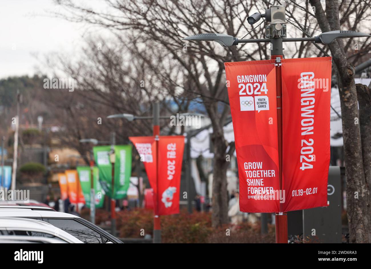 Gangneung, South Korea. 17th Jan, 2024. Banners for the 2024 Winter Youth Olympic Games (YOG) is seen in Gangneung, South Korea, Jan. 17, 2024. Credit: Hu Huhu/Xinhua/Alamy Live News Stock Photo