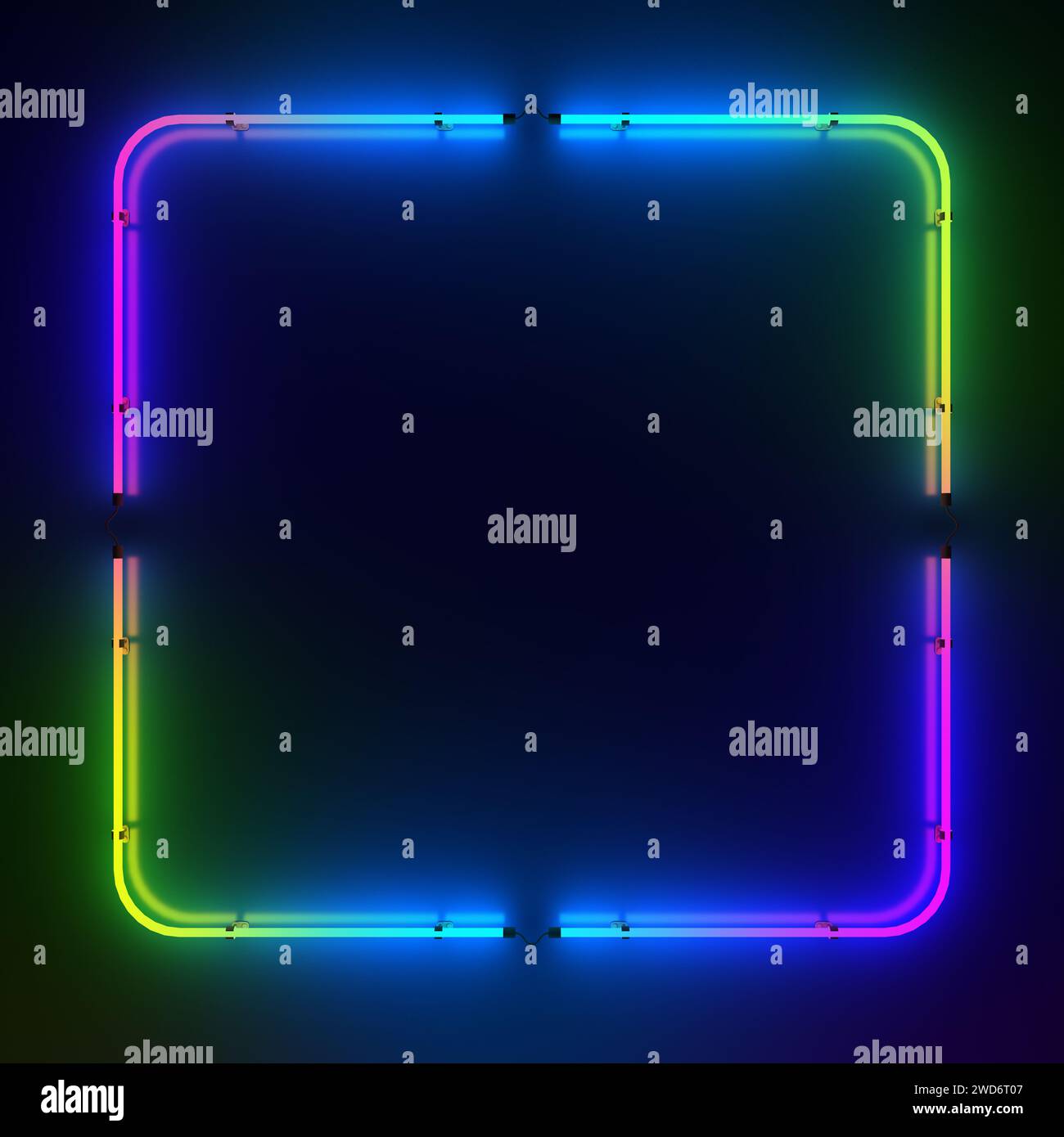 Multicolored glowing neon rectangle on a dark background. Light tubes blue to purple glow. 3d illustration. Stock Photo