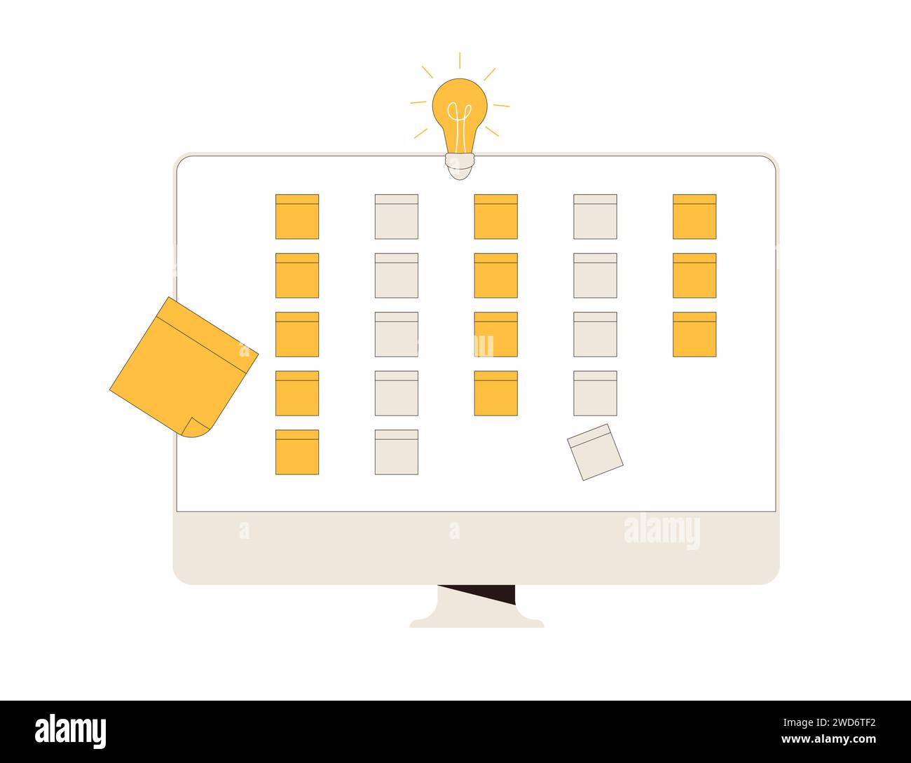 Teamwork. Computer screen with stiskers. Online workspace. Scrum agile ...