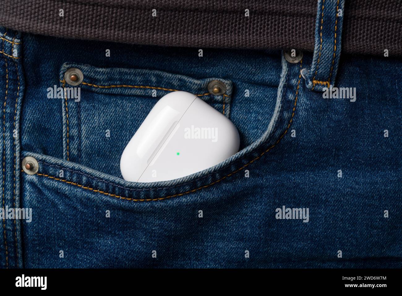Antalya, Turkey - January 15, 2024: White wireless headphones Apple AirPods 3 Stock Photo