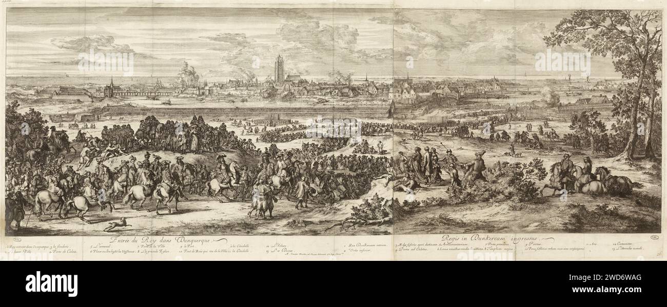 Entry of Lodewijk XIV in Dunkirk, 1658 or 1662, Romeyn de Hooghe, After Adam Frans van der Meulen, 1658 - 1700 print In the foreground the French King Louis XIV on horseback, who drives off in a long procession on the city of Dunkirk (Dunkirk/Dunkerque) (in the background) to enter it. Under the show two legends: on the left one in French, one on the right in Latin. Haarlem paper etching / engraving Prospect of City, Town Panorama, Silhouette of City. March Into the conquered place. Triummphal Entry and Public Reception, pageant, 'solemn entrance', 'Joyeuse entrance' Dunkirk Stock Photo