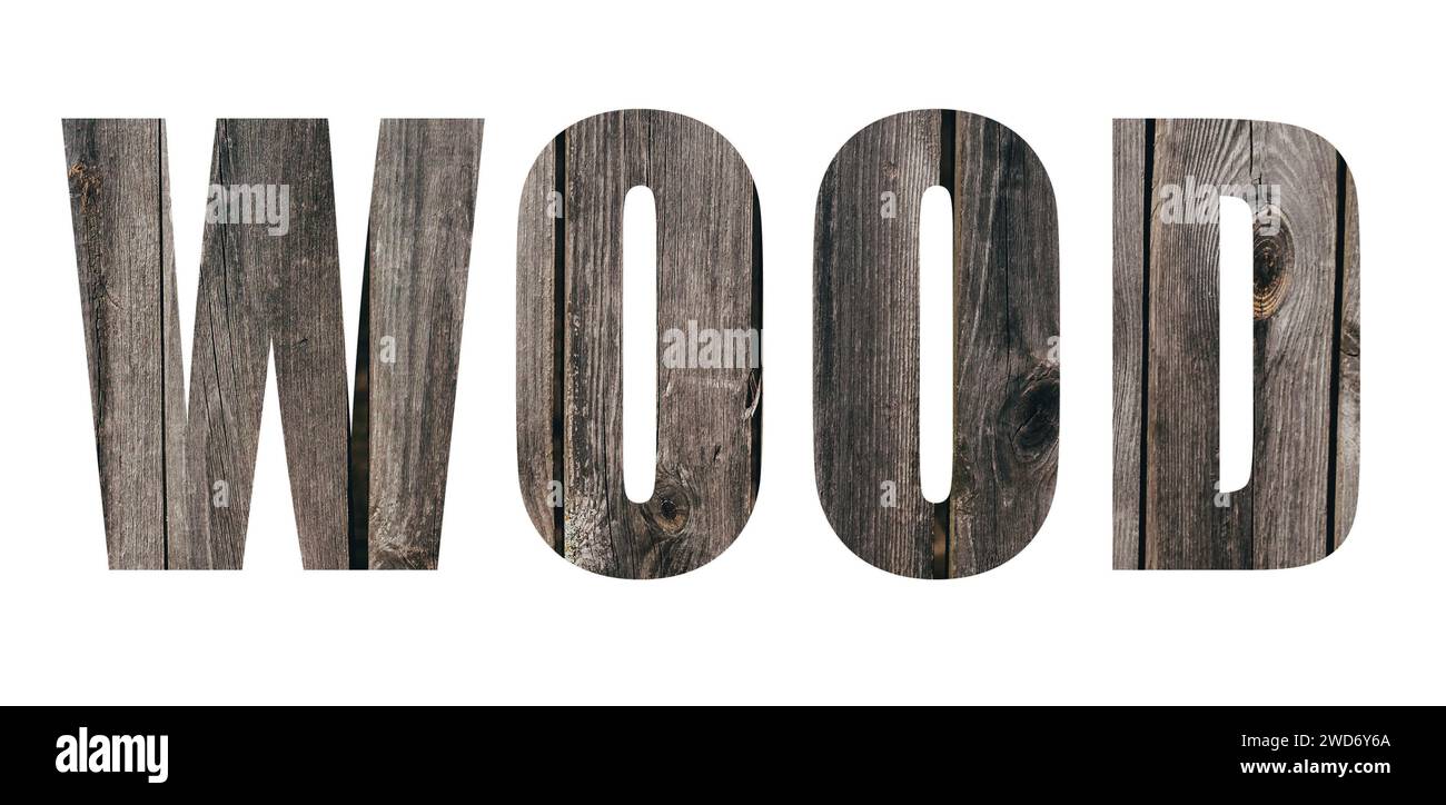 Wood inscription on the background of wooden boards. Isolated text on ...