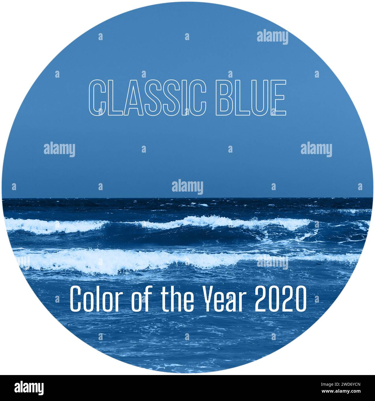 Classic Blue color of the year 2020 inscription on a round background. Sea and sky in trendy colors Stock Photo