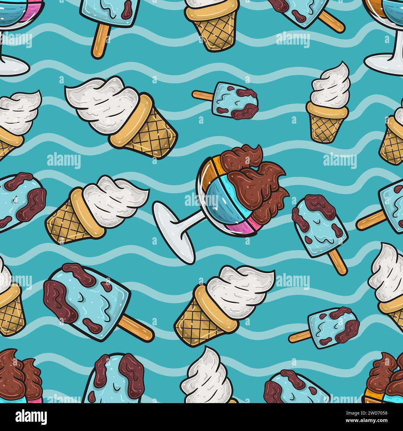 Ice Cream Seamless Pattern in Cartoon Style. Perfect For Background, Backdrop, Wallpaper and Cover Packaging. Vector Illustration. Stock Vector