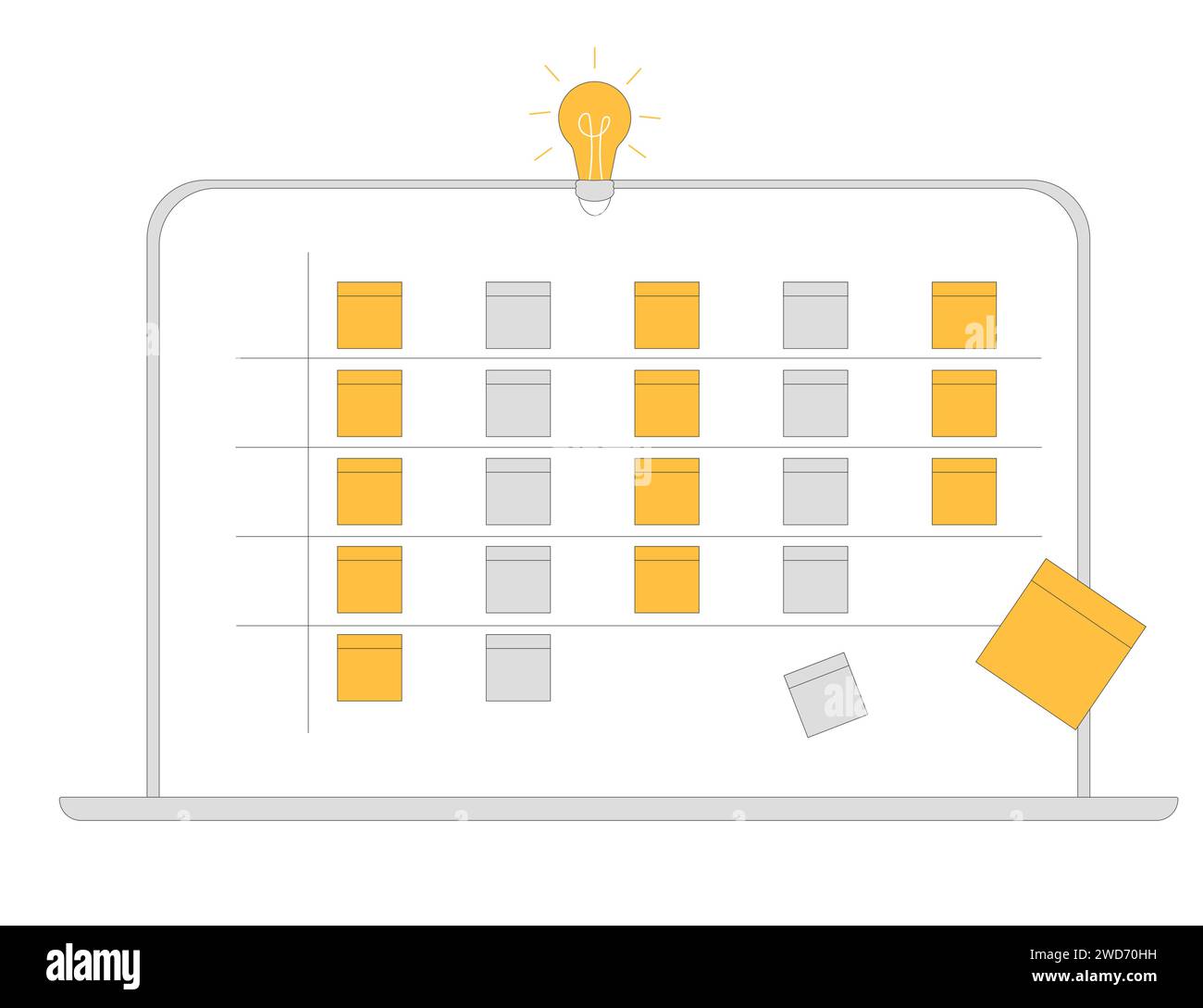 Teamwork. Laptop screen with stiskers. Online workspace. Scrum agile ...